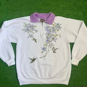 Vintage 90s Artisans Women Size M Birds Floral Collared Quarter Zip Grandmacore